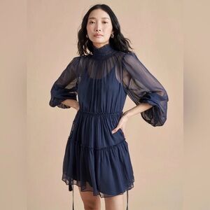 LA LIGNE Chiara Dress 100% Silk Long Sleeve Navy L